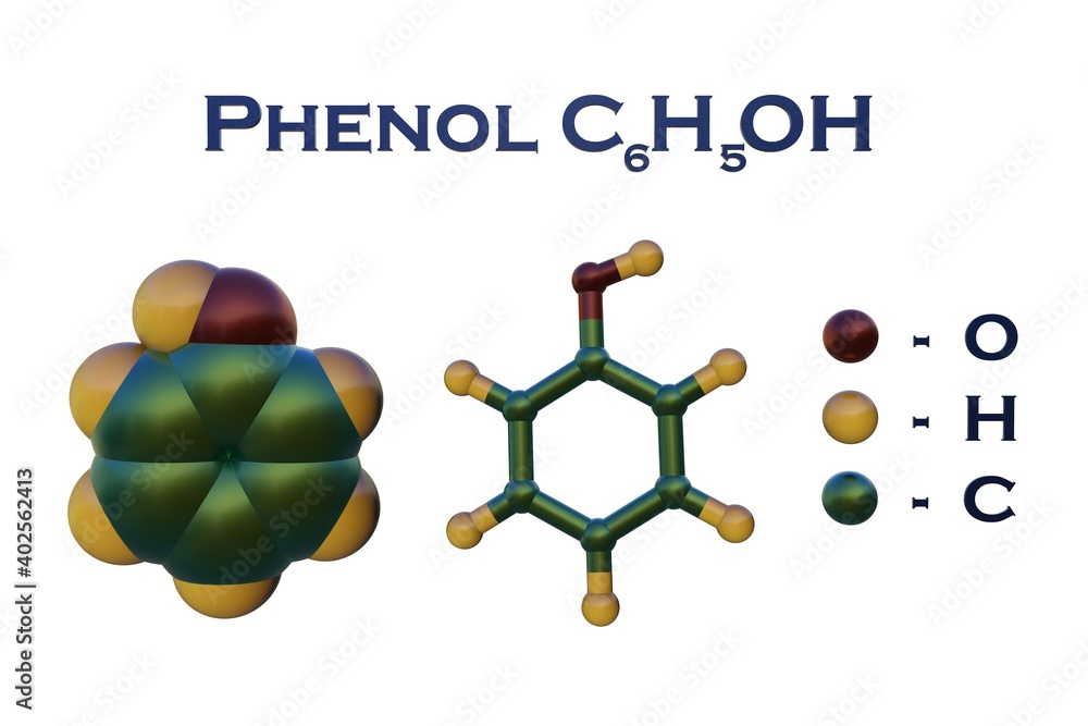 Structural chemical formula and molecular model of phenol, an aromatic