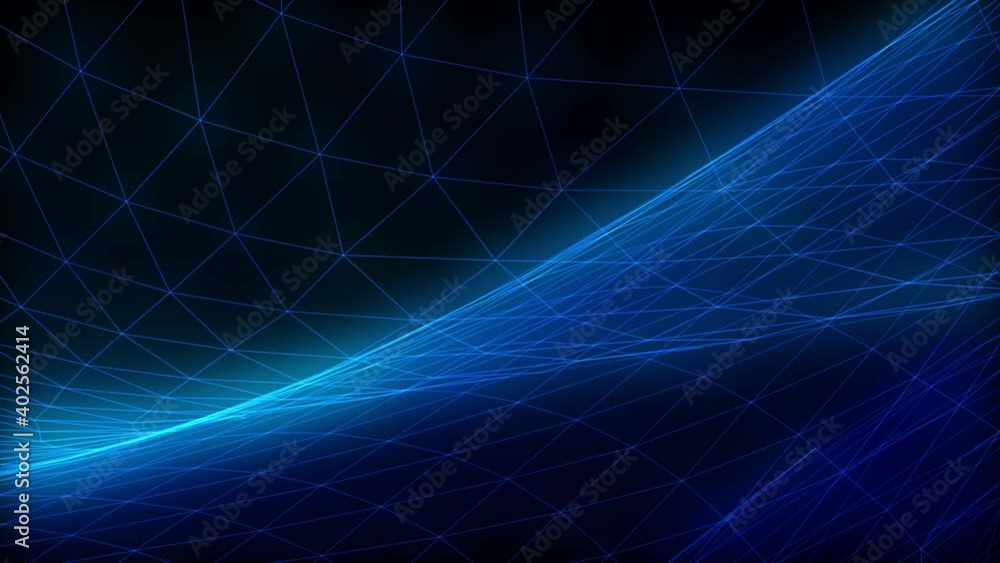Abstract digital blue wave with particles dance moving and light abstract background. Cyber or technology black background.