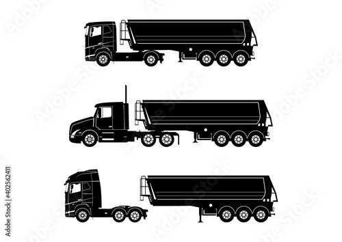 Set of modern truck silhouettes with tipper semi trailer. Each silhouette consists of a black and white shape. Flat vector.