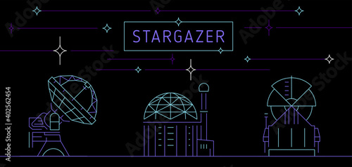 Line symbol of telescope for observatory emblem, astronomy concept logo design. Vector icons set of Astrophysics concept. Contour illustrations telescopes in trendy minimal style. Astronomer science.