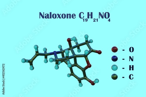 Structural chemical formula and molecular model of naloxone, an opioid antagonist and drug designed to rapidly reverse opioid overdose. Scientific background. 3d illustration
