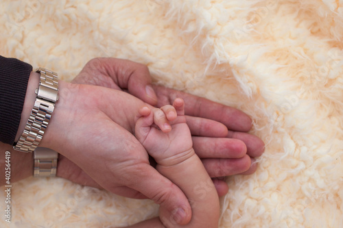 Baby hand in the palm of father and mother