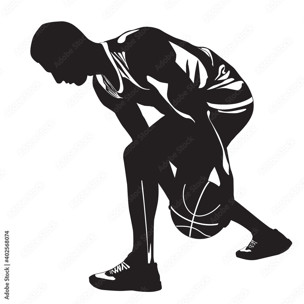 Professional basketball player silhouette with ball, vector illustration. Basketball crossover dribbling skills. - obrazy, fototapety, plakaty 