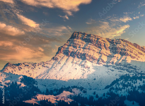 Sunset view of the iconic Speer peak from the shores of the upper Zurich Lake (Obersee), Rapperswil-Jona, St. Gallen, Switzerland