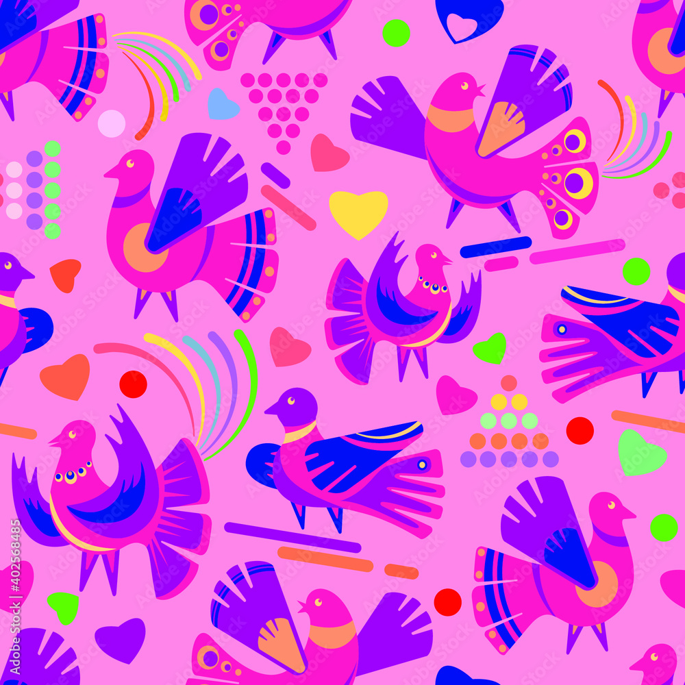   Pattern. Seamless pattern with floral romantic elements, birds for your design.
 Endless textures. Vector illustration.