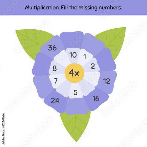 Math game on a multiplication for preschool and school age children. Fill the missing numbers. Flowers.