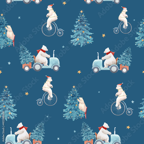 Beautiful vector christmas seamless pattern with hand drawn watercolor cute polar bear illustrations.