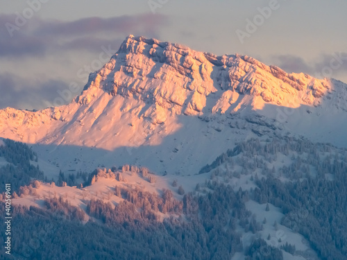 Sunset view of the iconic Speer peak from the shores of the upper Zurich Lake (Obersee), Rapperswil-Jona, St. Gallen, Switzerland