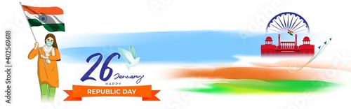 Vector banner of Happy Republic day, 26 january, national holiday of India, abstract India flag, ashoka chakra, soldiers, flag hoisting ,template for website and social media.