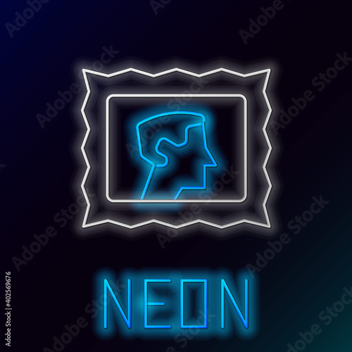Glowing neon line Postal stamp icon isolated on black background. Colorful outline concept. Vector.