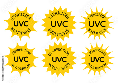 UV-C sterilizer and disinfection stamp. Sanitation device information sign. UV radiation, solar ultraviolet icons. Antimicrobial UVC Light Sanitation. Surface cleaning badges. Vector