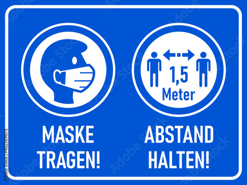 Maske tragen (Wear a Mask) and Abstand halten (Keep Your Distance) 1.5 Metres or 1.5 m Horizontal Warning Sign in German including Text and Instruction Icons. Vector Image.