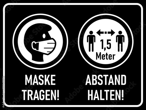 Maske tragen (Wear a Mask) and Abstand halten (Keep Your Distance) 1.5 Metres or 1.5 m Horizontal Warning Sign in German including Text and Instruction Icons. Vector Image.