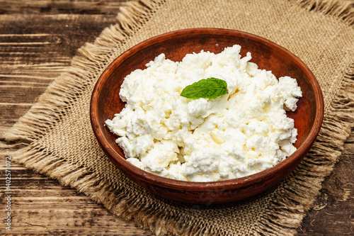 Organic homemade cottage cheese or curd in bowl