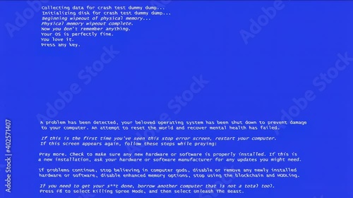 A fake BSOD (blue screen of death) failure message, recreated by me with funny sentences, distorted by an intentional datamosh effect. White text on a blue background.
 photo