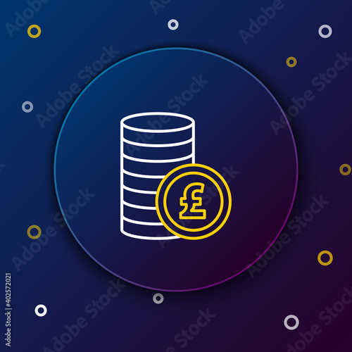 Line Coin money with pound sterling symbol icon isolated on blue background. Banking currency sign. Cash symbol. Colorful outline concept. Vector.