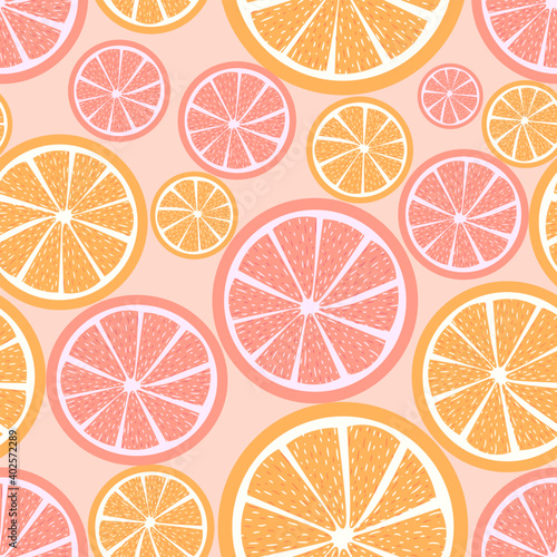 Seamless pattern with oranges, mandarins and grapefruits. Summer citrus repetitive background with slices of fruits.