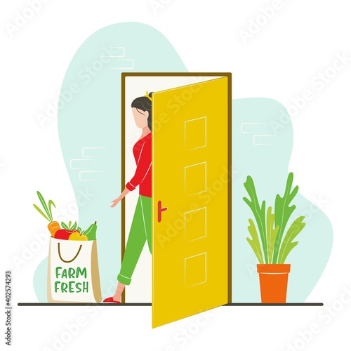 Home delivery Concept for Grocery Market. Safe delivery food service during coronavirus quarantine. Online ordering. Vegetables and fruits. Vector illustration