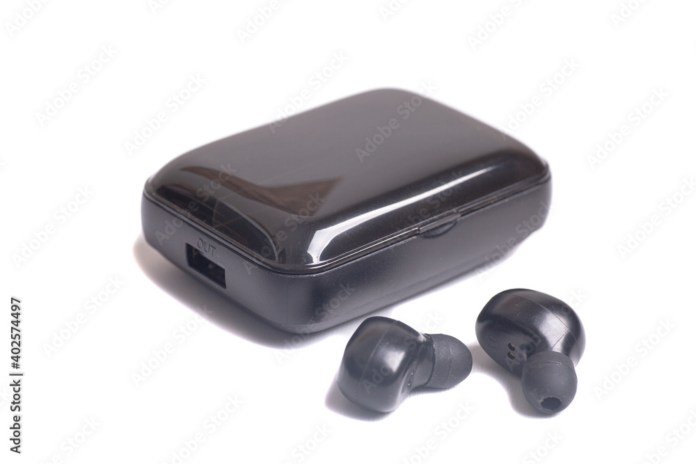 Wireless headphones with Charging Case isolated on white background Wireless headphones with Charging Case isolated on white background