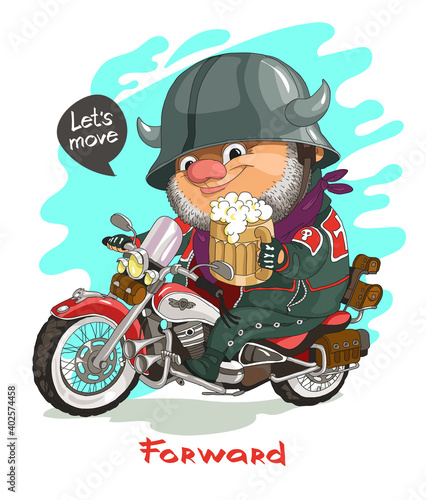 Vector cartoon. Bright print illustration for a T-shirt. Cheerful cool cheerful biker sits on a bike with a glass of beer under the slogan "Let's move forward." Isolated objects.