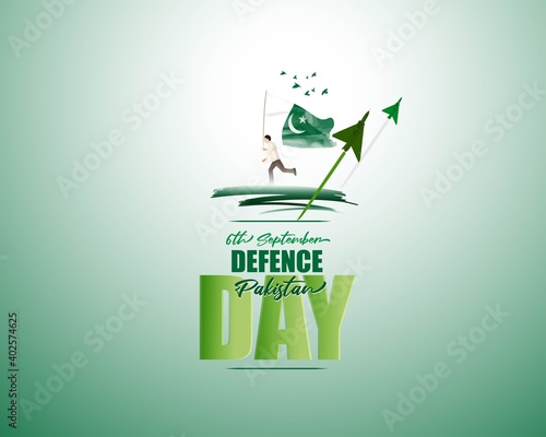 Vector illustration of Pakistan defence day, 6th september, pakistan flag, soldier with rifle and helmet, airforce craft and army tank. photo