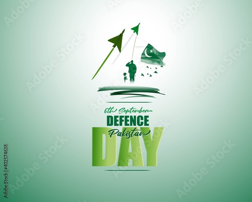 Vector illustration of Pakistan defence day, 6th september, pakistan flag, soldier with rifle and helmet, airforce craft and army tank.
