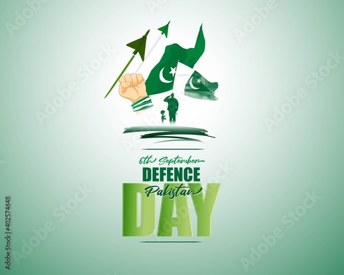 Vector illustration of Pakistan defence day, 6th september, pakistan flag, soldier with rifle and helmet, airforce craft and army tank.