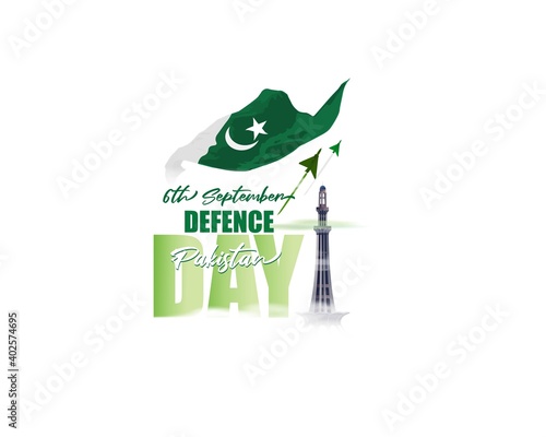 Vector illustration of Pakistan defence day, 6th september, pakistan flag, soldier with rifle and helmet, airforce craft and army tank.