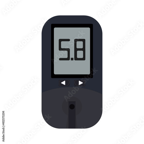 Electronic glucometer  with normal values. Diabetes blood glucose test.  Diabetes control and diagnostics. Medical apparatus blood meter. Vector stock illustration on white background.