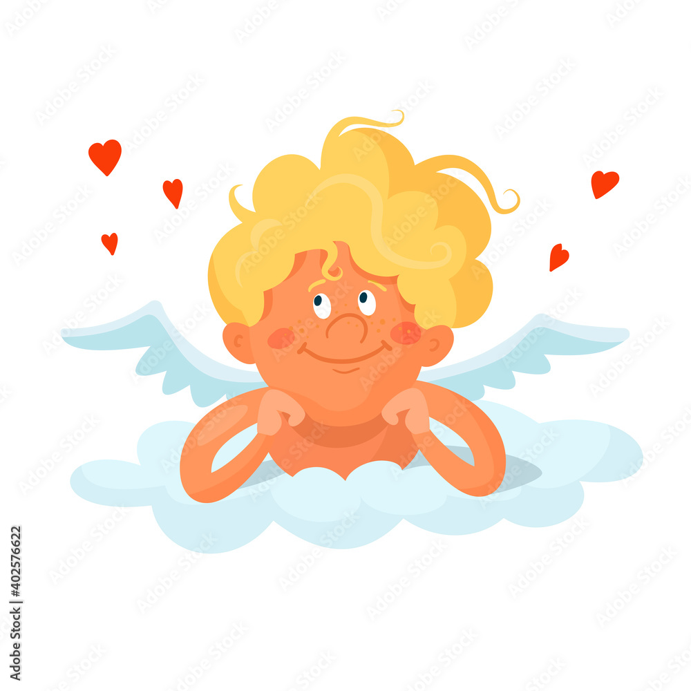 Cute funny cupid lies on a cloud. Vector cartoon illustration isolated on white background Cute funny cupid lies on a cloud. Vector cartoon illustration isolated on white background