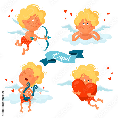 Funny cartoon angels cupids for valentine's day. Vector set of illustrations isolated on white background.