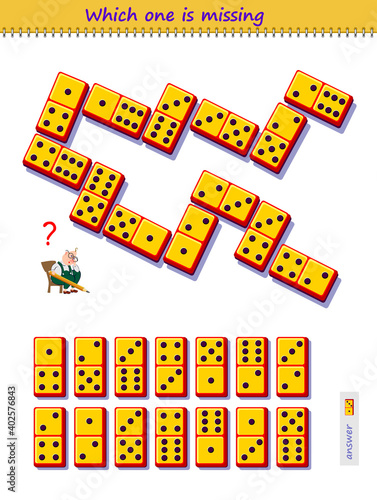 Logic puzzle game for children and adults. Which domino piece from set is missing on the picture? Kids brain teaser book. Play online. Memory training for seniors. Developing spatial thinking skills.