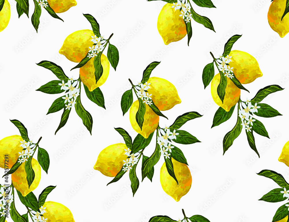 Beautiful seamless vector pattern with lemons and flowers. Abstract texture. Perfect for wallpapers, web page backgrounds, surface textures, textile design. Beautiful seamless vector pattern with lemons and flowers. Abstract texture. Perfect for wallpapers, web page backgrounds, surface textures, textile design.