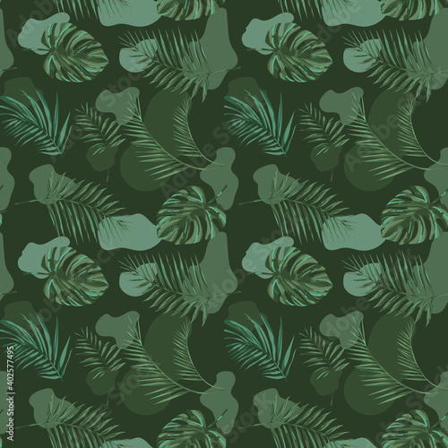 modern seamless pattern of tropical jungle plants and sentries. Complex shades of green. Spring and summer design is perfect for printing booklets, prints, factories, clothing. EPS10