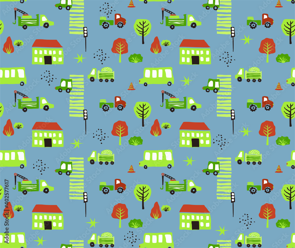Vector seamless pattern with cars on the road in the city. Cartoon background for boys and girls. Childrens hand drawn wallpaper