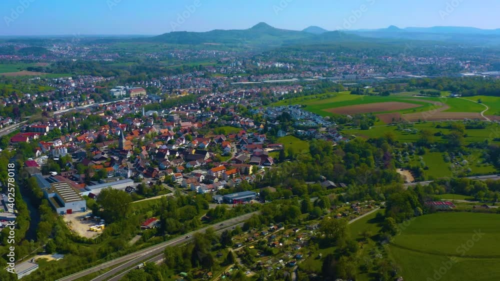 Aerial view of the cities Faurndau and Uhingen in Germany on a sunny day in spring Aerial view of the cities Faurndau and Uhingen in Germany on a sunny day in spring