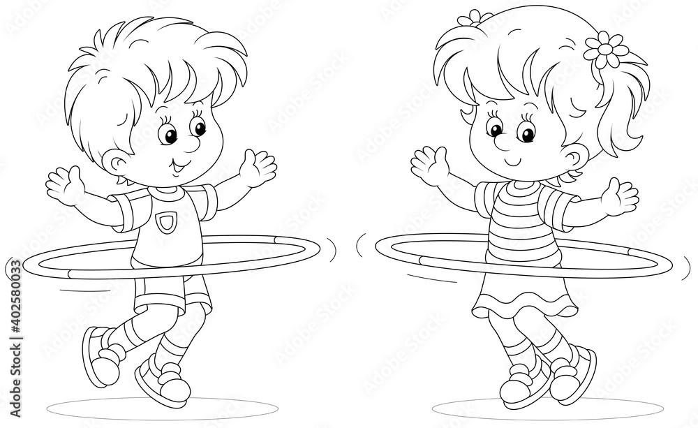 Cheerful cute little kids sport clothes playing and fun spinning hoops in a  gymnastic lesson, black and white outline vector cartoon illustration for a  coloring book page Stock Vector | Adobe Stock