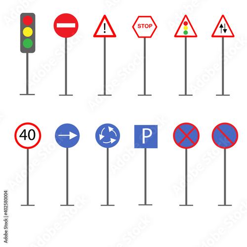 Set of road signs and traffic lights on a white background.