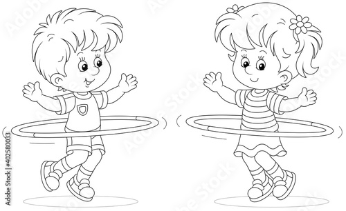 Cheerful cute little kids sport clothes playing and fun spinning hoops in a gymnastic lesson, black and white outline vector cartoon illustration for a coloring book page