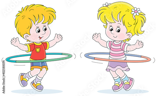 Cheerful cute little kids in colorful sport clothes playing and fun spinning hoops in a gymnastic lesson, vector cartoon illustration isolated on a white background
