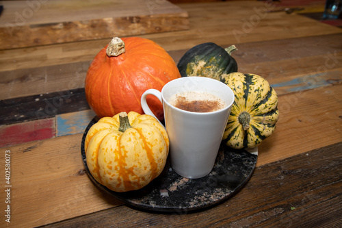 A Pumpkin Spice Latte in a white cup surrounded by pumpkins on a wooden kitchen work top
