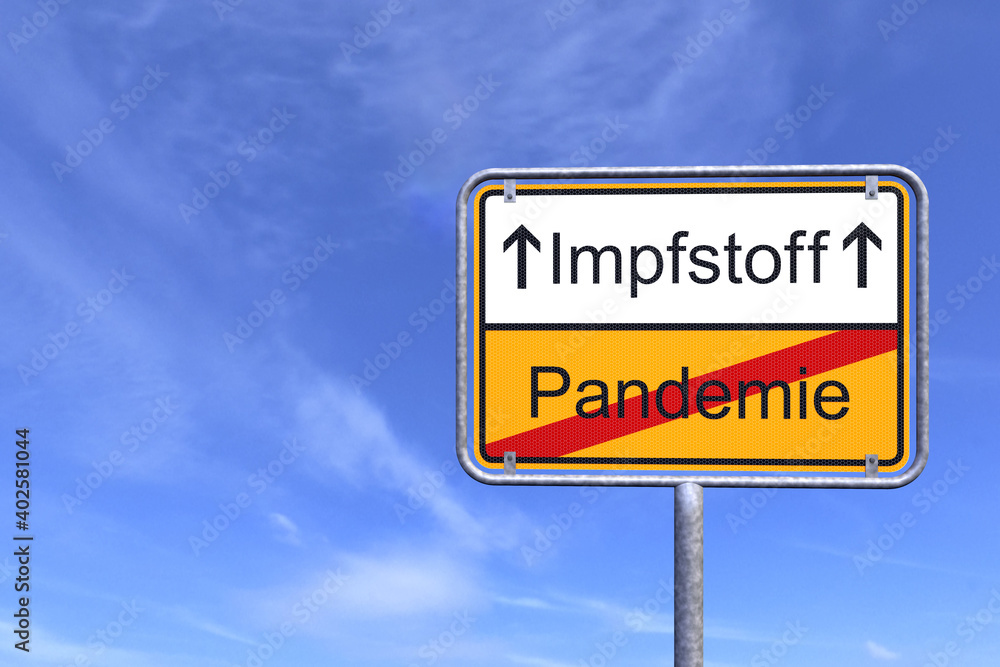 3d Illustration - Ortsschild - Ortstafel - Impfstoff - Pandemie - Himmel - Wolken 3d Illustration - Ortsschild - Ortstafel - Impfstoff - Pandemie - Himmel - Wolken