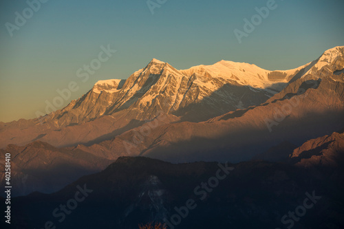 Himalayan mountain Dhaulagiri peak during sunrise in Nepal.