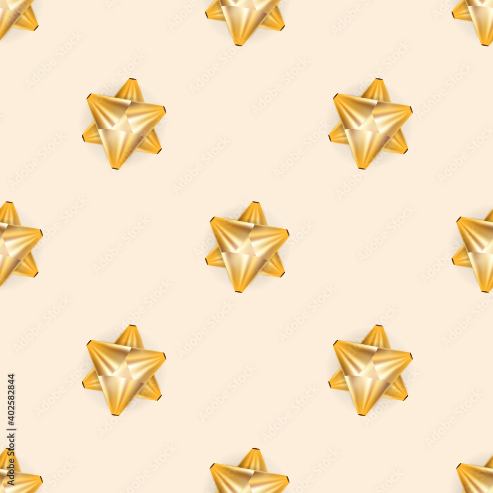 Obraz premium Seamless pattern with Golden bow. Endless background. Champagne color. Suitable for postcards, prints and backgrounds. Vector illustration.