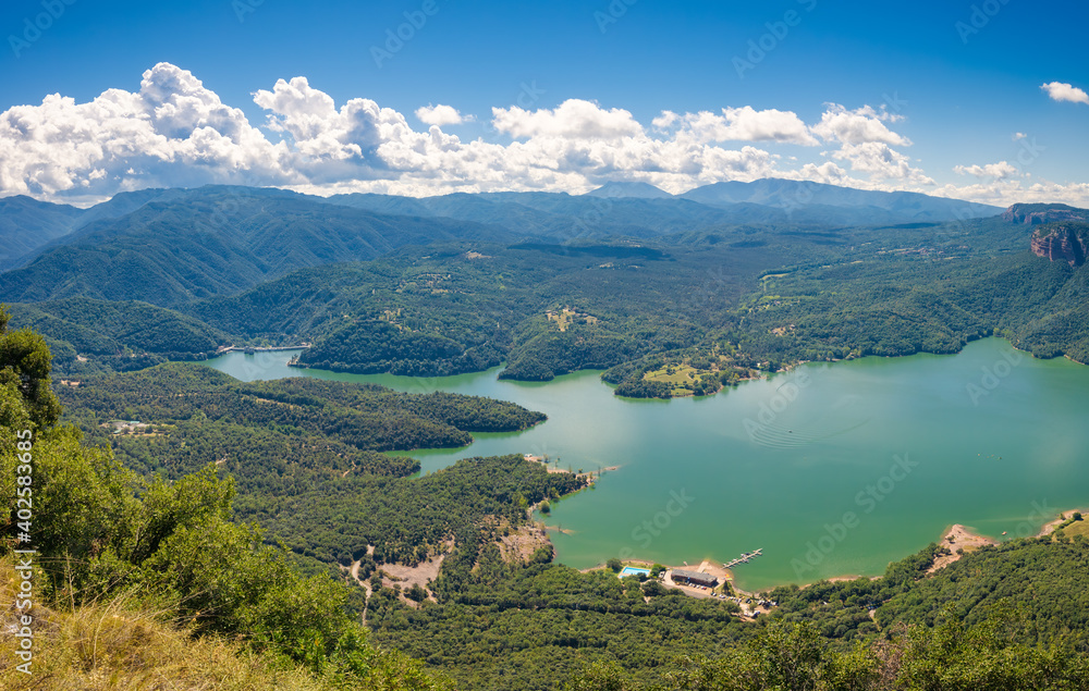 Panoramic view of the Sau y las Guillerias reservoir from the cliffs of Tavertet, Catalonia, Spain
