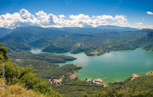 Panoramic view of the Sau y las Guillerias reservoir from the cliffs of Tavertet, Catalonia, Spain