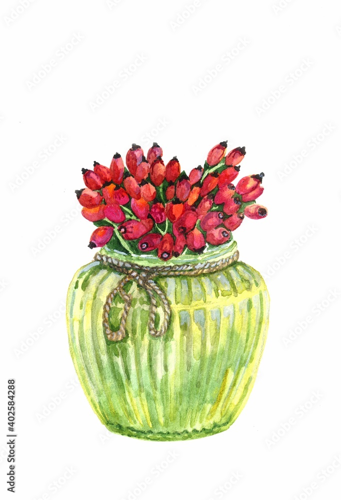 watercolor illustration of a bouquet of red berries in a green low glass vase isolated on a white background