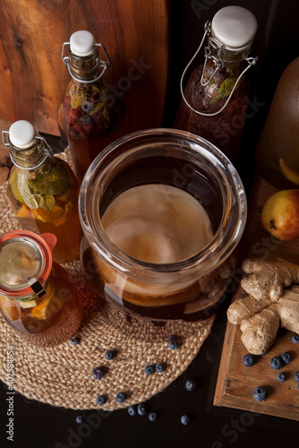 Kombucha (also tea mushroom, tea fungus, or Manchurian mushroom ) - fermented fruit tea with different flavorings. Healthy natural probiotic flavored drink