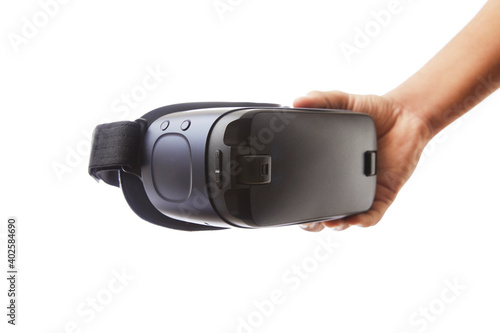 Hand with virtual reality glasses Virtual reality goggles, white background