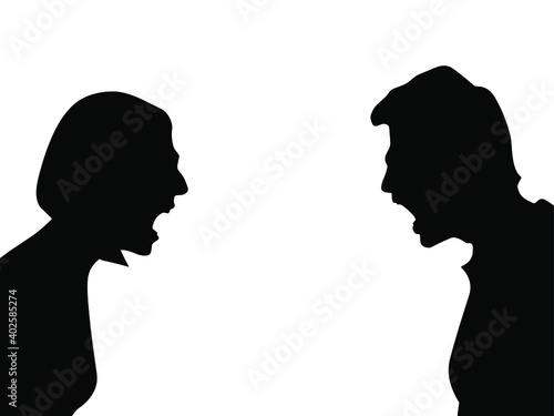 Silhouette of a married couple. Arguing people. Yelling at each other. Showdown. Defending your point of view. Misunderstanding, swearing. Conflict.